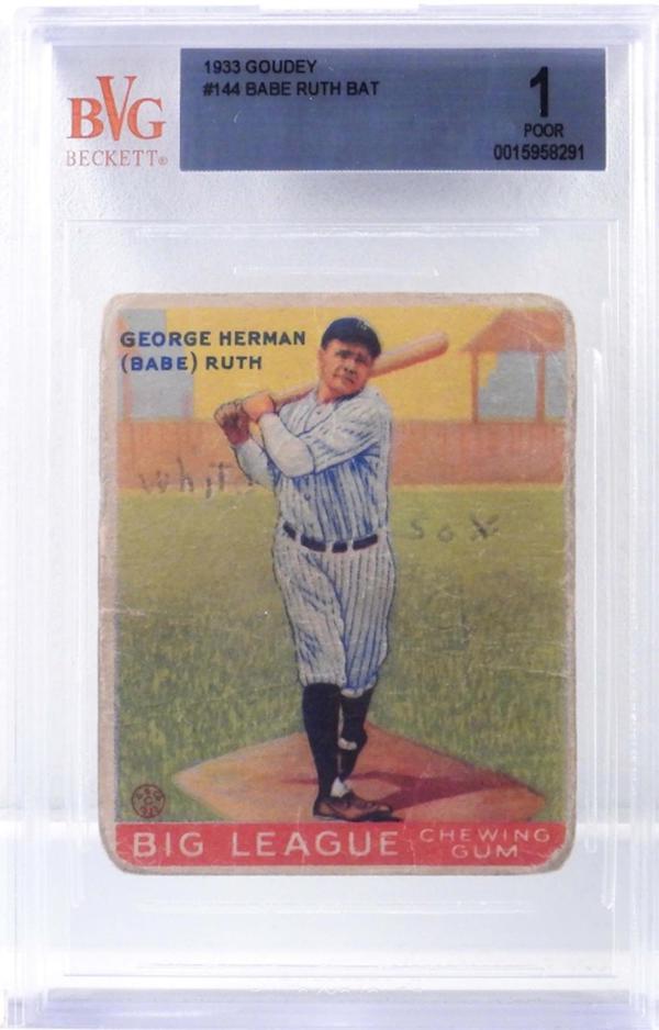 Goudey 1933 Babe Ruth card #133, graded BVG 1 Poor, estimated at $3,000-$5,000 