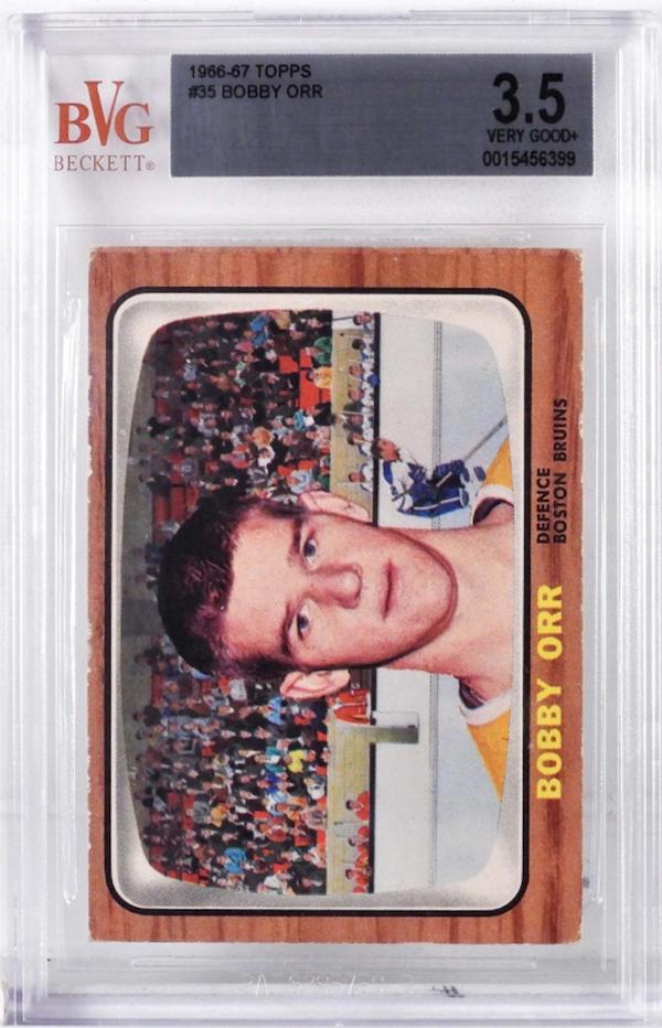 1966-1967 Topps Bobby Orr #35 rookie card, graded BVG 3.5 Very Good +, estimated at $2,000-$3,000 