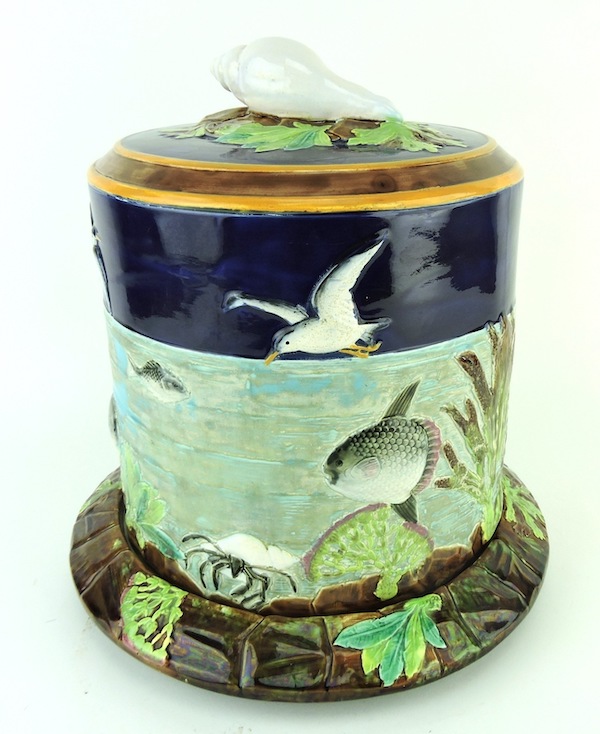 Circa-1878 George Jones & Sons majolica cobalt-blue and turquoise-ground Sea and Sky cheese keeper and stand, estimated at $12,000-$15,000