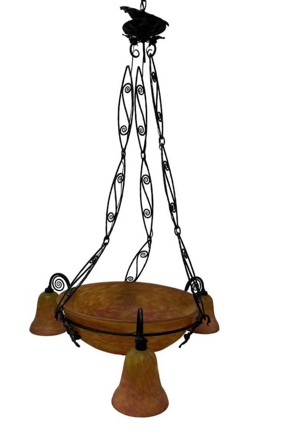 Daum Nancy wrought iron three-light Art Deco chandelier, estimated at $4,000-$7,000. Image courtesy of Weiss Auctions