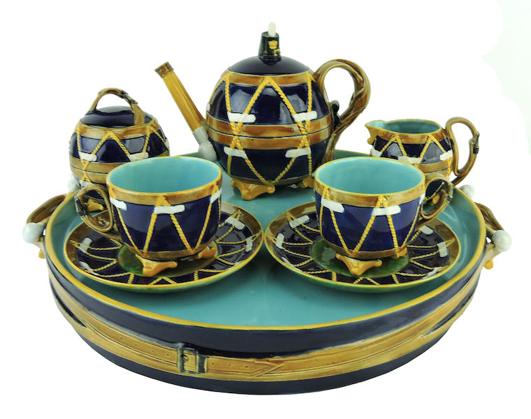 Circa-1875 George Jones Drum cabaret set, the teapot with drumsticks forming the spout, one of two complete sets known, estimated at $12,000-$15,000