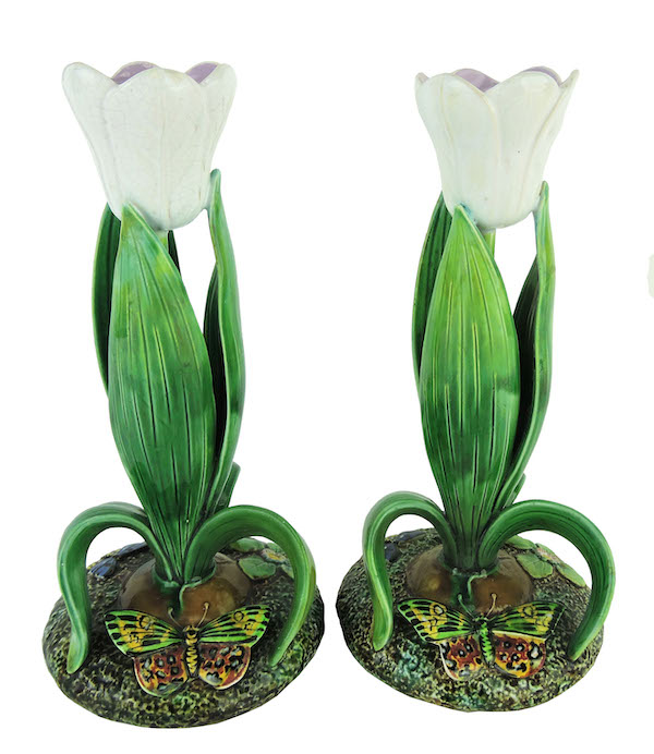 Circa-1875 pair of George Jones tulip and butterfly candlesticks, estimated at $6,000-$9,000