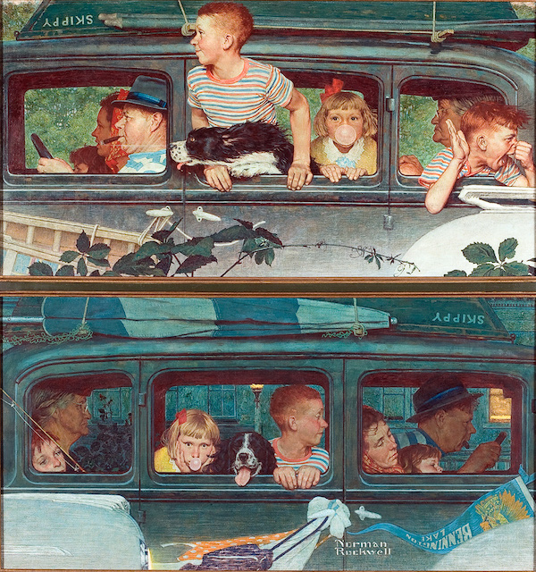 Norman Rockwell (1894-1978), ‘Going and Coming,’ 1947. Painting for ‘The Saturday Evening Post’ cover, August 30, 1947. Oil on canvas: upper canvas, 16 by 31.5in; lower canvas, 16 by 31.5in. Norman Rockwell Museum Collection, NRACT.1973.9. ©1947 SEPS: Licensed by Curtis Publishing, Indianapolis, IN.