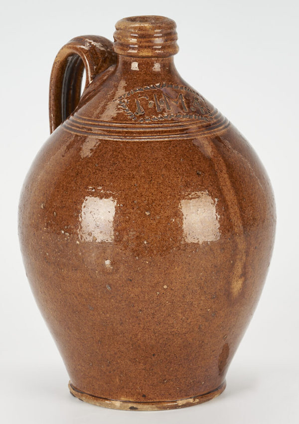 Earthenware Great Road jug, one of only two known jugs attributed to potter Thomas J. Myers of Smyth County, Virginia, $29,280