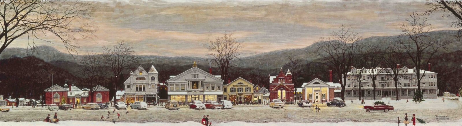Norman Rockwell (1894-1978), ‘Home for Christmas (Stockbridge Main Street at Christmas),’ 1967. Illustration for ‘Home for Christmas,’ ‘McCall’s,’ December 1967. Oil on board. Norman Rockwell Museum Collection, Norman Rockwell Art Collection Trust, NRACT.1973.078. ©Norman Rockwell Family Agency. All rights reserved.