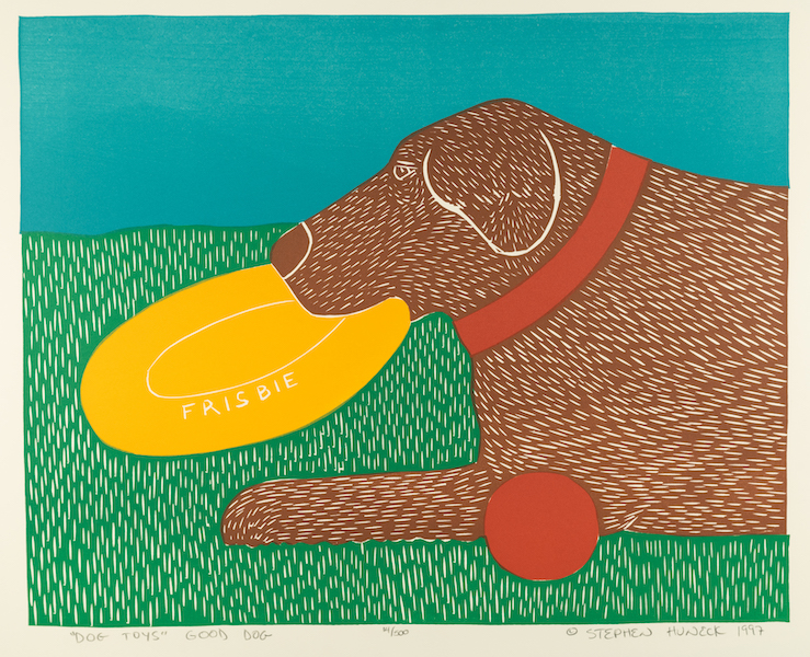 Stephen Huneck, ‘Dog Toys [Good Boy],’ 1997. Woodcut print, 18 1/2 by 25 1/2in. Collection of Shelburne Museum, gift of the Friends of Dog Mountain, Inc. 2022-3.6. Photography by Andy Duback. © Stephen Huneck
