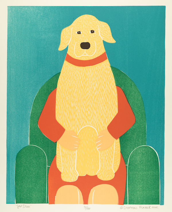 Stephen Huneck, ‘Lap Dog,’ 2002. Woodcut print, 25 1/2 by 18 1/2in. Collection of Shelburne Museum, gift of the Friends of Dog Mountain, Inc. 2022-3.14. Photography by Andy Duback. © Stephen Huneck