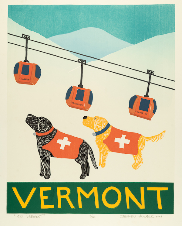 Stephen Huneck, ‘Vermont Ski Patrol,’ 2004. Woodcut print, 25 1/2 by 18 1/2in. Collection of Shelburne Museum, gift of the Friends of Dog Mountain, Inc. 2022-3.38. Photography by Andy Duback. © Stephen Huneck