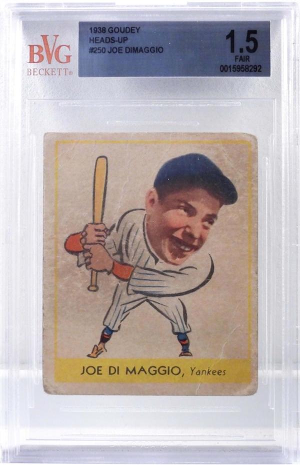 Goudey 1938 Joe DiMaggio #250 Heads-Up rookie card, graded BVG 1.5 Fair, estimated at $1,000-$1,500