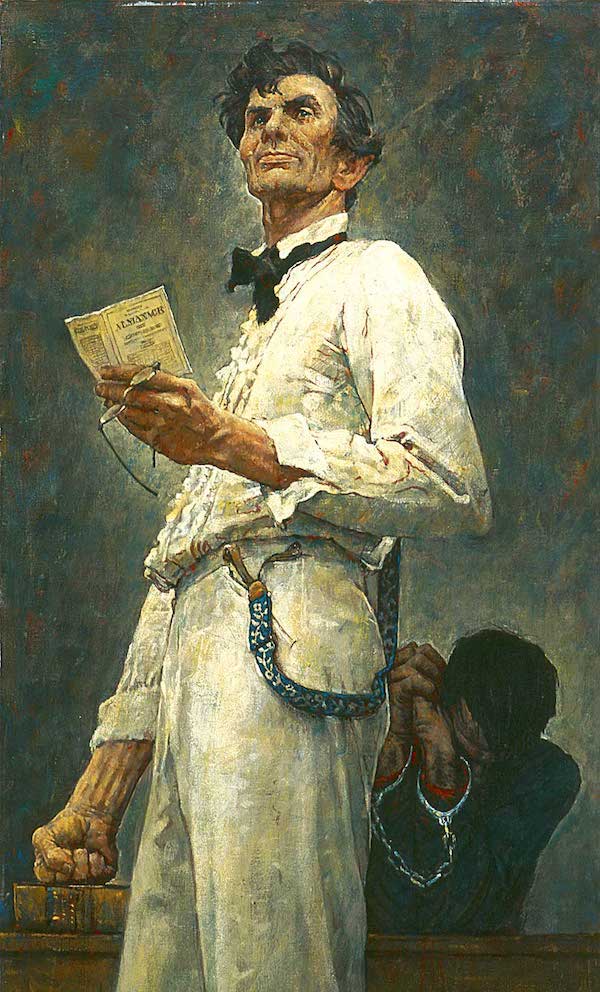 Norman Rockwell (1894-1978), ‘Lincoln for the Defense,’ 1961. Cover illustration for ‘Lincoln for the Defense’ by Elisa Bialk, ‘The Saturday Evening Post,’ February 10, 1962. Oil on canvas, 49.75 by 17.5in. Norman Rockwell Art Collection Trust, NRACT.1973.77. ©1962 SEPS: Curtis Licensing, Indianapolis, IN. All rights reserved.