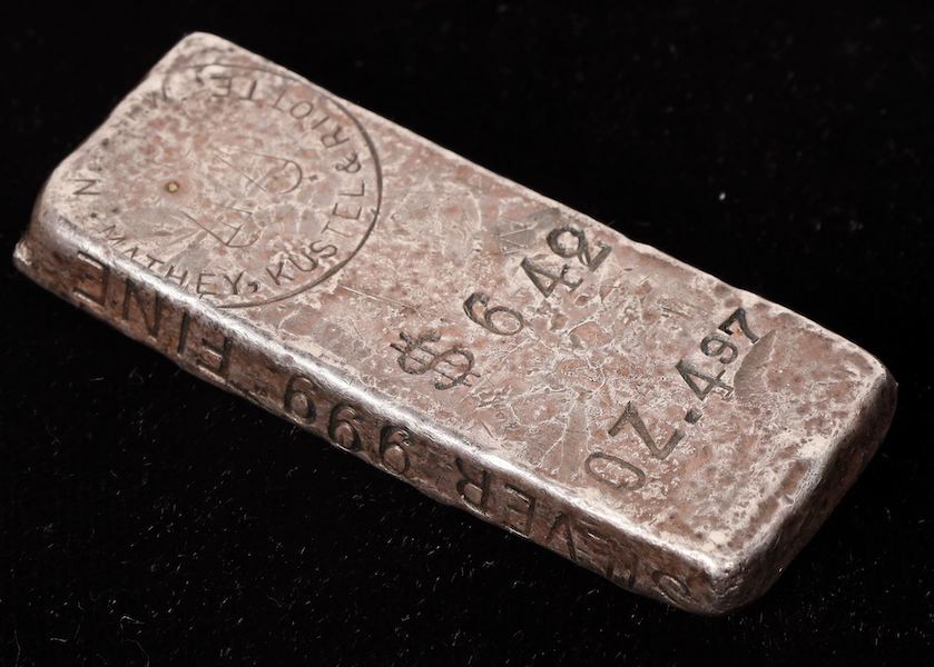 1880 Mathey, Kustel & Riotte silver ingot with documented information, provenance and history, the only known example, with logo punch and weighing 4.97 troy ounces, $42,175