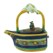 Minton Majolica cobalt teapot, modeled as a flat iron, estimated at $20,000-$25,000
