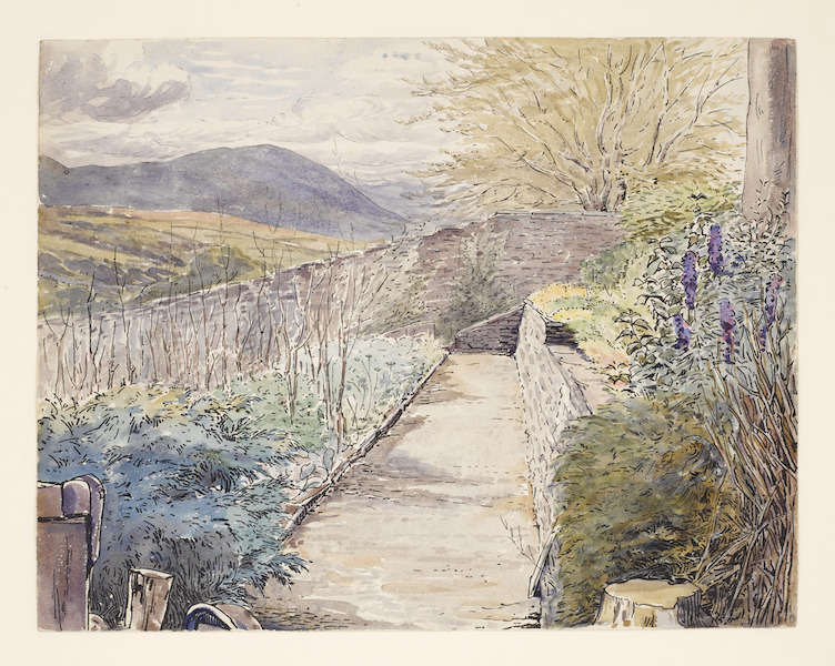 Beatrix Potter (British, 1866–1943), ‘Drawing of a walled garden, Ees Wyke (previously named Lakefield), Sawrey,’ circa 1900. Watercolor and pen and ink on paper, Victoria and Albert Museum, Linder Bequest, BP.238. © Victoria and Albert Museum, London, courtesy of Frederick Warne & Co. Ltd. 