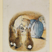 Beatrix Potter (British, 1866–1943), ‘Mrs. Rabbit pouring out the tea for Peter Rabbit while her children look on,’ 1907. Watercolor and pen and ink over pencil on paper, Victoria and Albert Museum, Linder Bequest, BP.468. © Victoria and Albert Museum, London, courtesy of Frederick Warne & Co. Ltd.