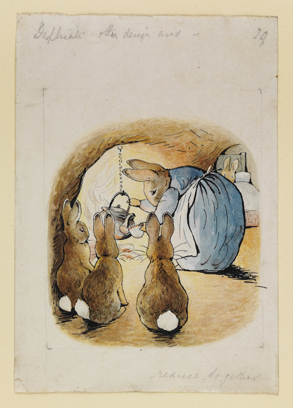 Beatrix Potter (British, 1866–1943), ‘Mrs. Rabbit pouring out the tea for Peter Rabbit while her children look on,’ 1907. Watercolor and pen and ink over pencil on paper, Victoria and Albert Museum, Linder Bequest, BP.468. © Victoria and Albert Museum, London, courtesy of Frederick Warne & Co. Ltd. 