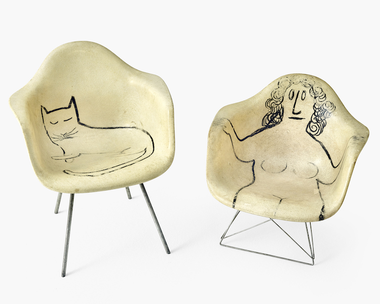 Pair of Eames Shell Chairs on which Saul Steinberg drew a cat and a nude, circa 1950. Image courtesy of the Eames Institute of Infinite Curiosity, photo credit Vitra, Tom Ziora