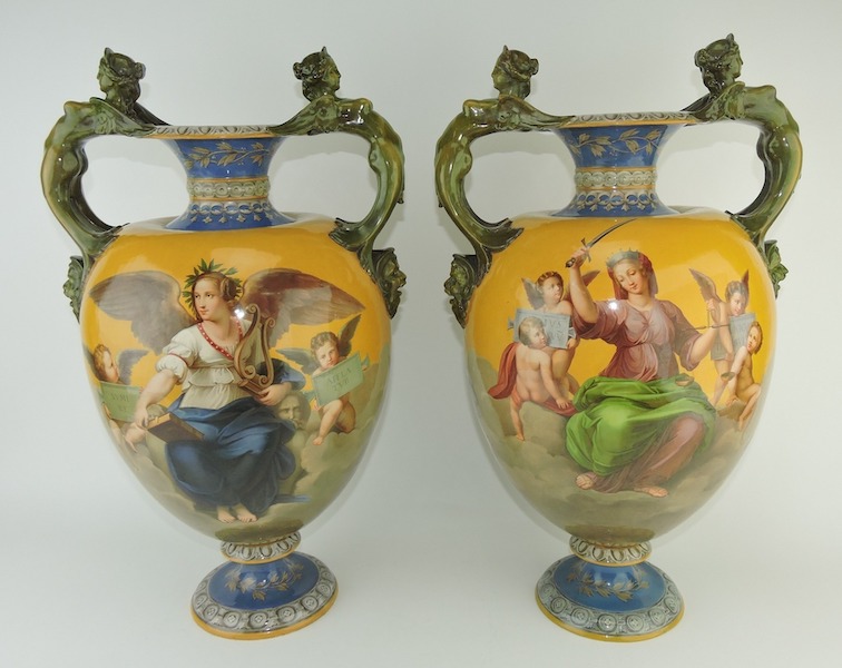 Circa-1860 pair of majolica Renaissance Revival vases, estimated at $15,000-$20,000