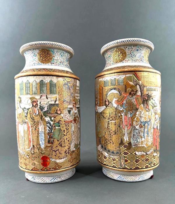 Pair of Roleau-form Satsuma vases decorated with an imperial scene, $3,444. Image courtesy of Neue Auctions