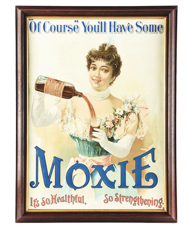 This early tin lithograph Moxie sign, featuring a Moxie girl and having survived in 9.0 condition, achieved $22,000 plus the buyer’s premium in May 2022. Image courtesy of Dan Morphy Auctions and LiveAuctioneers