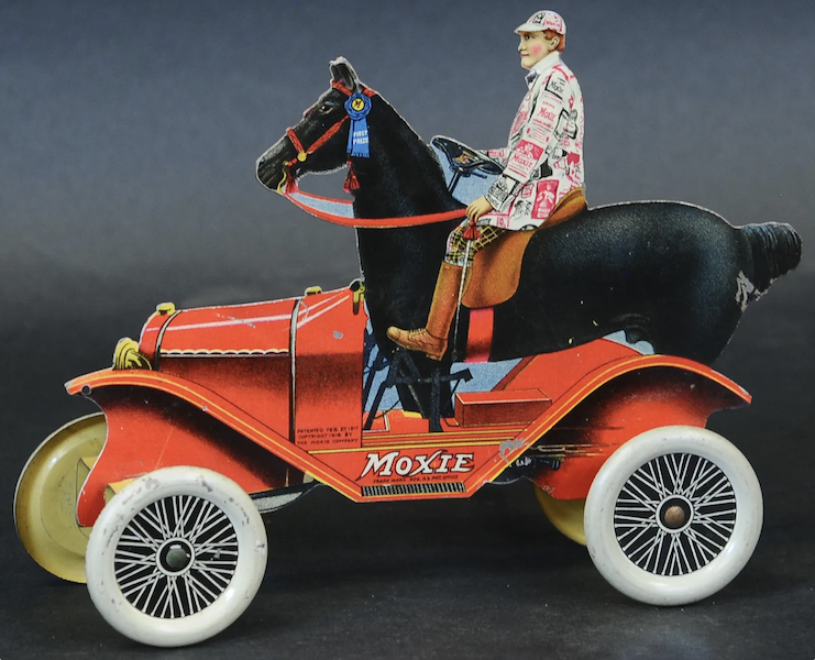 This tin litho Moxie Horsemobile toy, in pristine condition, sold for $2,000 plus the buyer’s premium in May 2022. Image courtesy of Bertoia Auctions and LiveAuctioneers