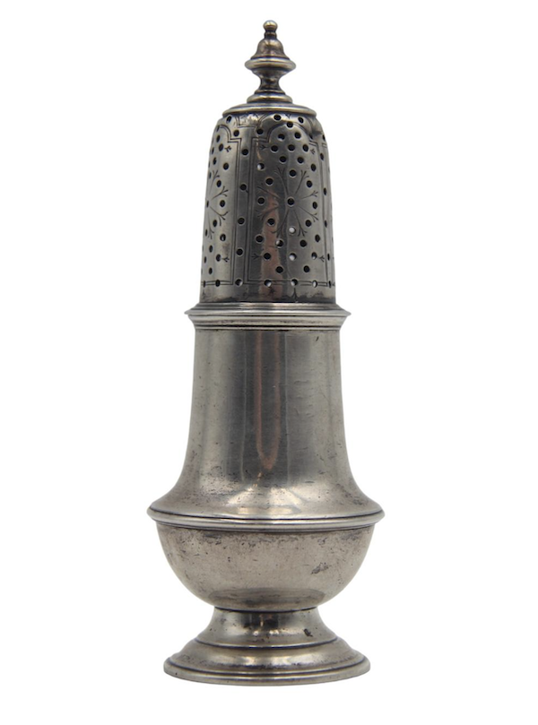 Paul Revere sterling silver pepper pot, hallmarked at the bottom with four “PR” initials in block letters, estimated at $20,000-$30,000. Image courtesy of Weiss Auctions