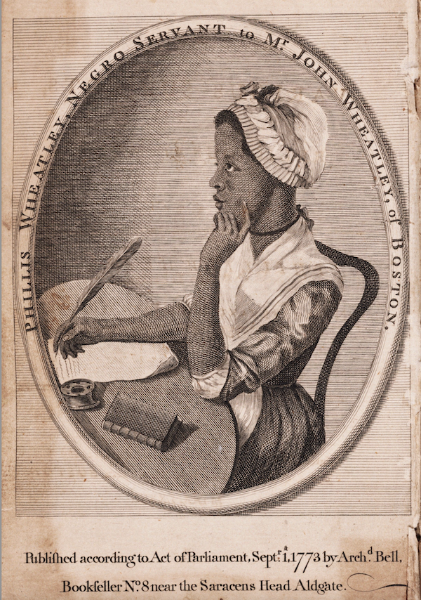 Unknown artist, possibly after Scipio Moorhead, Phillis Wheatley (circa 1753–1784), frontispiece to ‘Poems on Various Subjects, Religious and Moral,’ 1773. Engraving. Beinecke Rare Book and Manuscript Library, Yale University. Photo courtesy Beinecke Rare Book and Manuscript Library