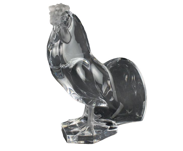 Crystal rooster designed by Marc Lalique circa 1953, estimated at $3,000-$5,000. Image courtesy of Nye & Company Auctioneers