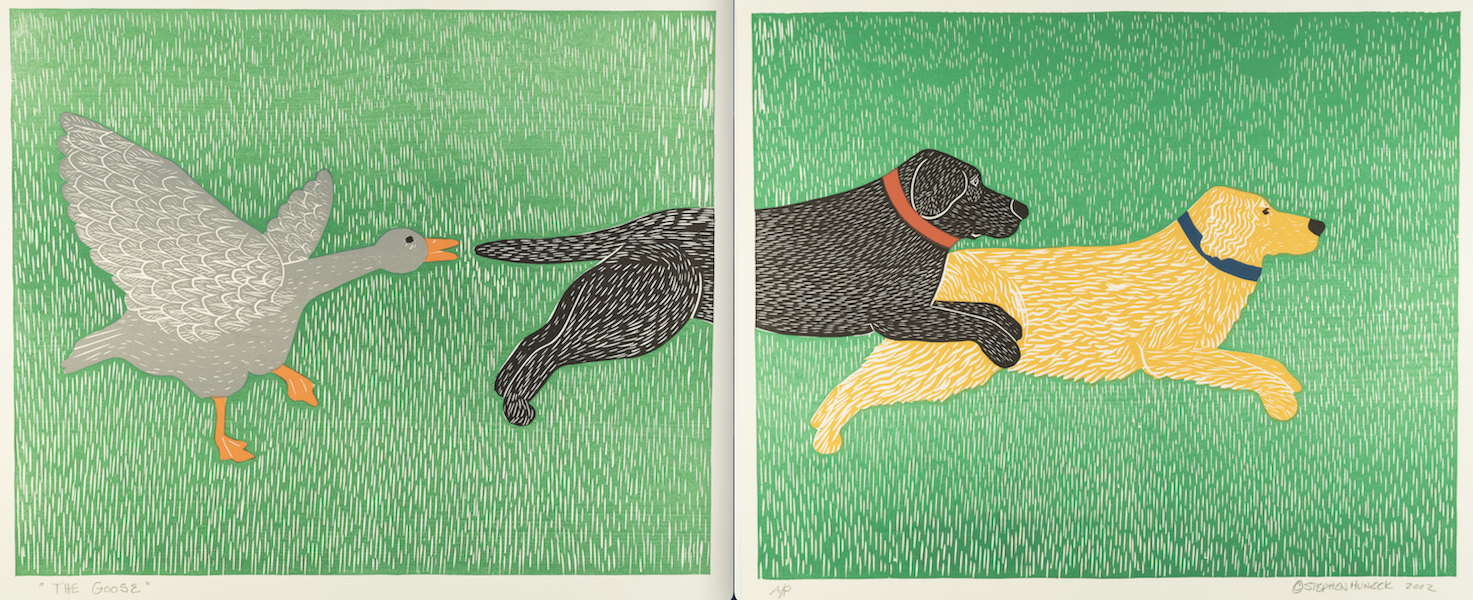 Stephen Huneck, ‘The Goose [Diptych],’ 2002. Woodcut print, each 18 by 21in. Collection of Shelburne Museum, gift of the Friends of Dog Mountain, Inc. 2022-3.24a&b. Photography by Andy Duback. © Stephen Huneck