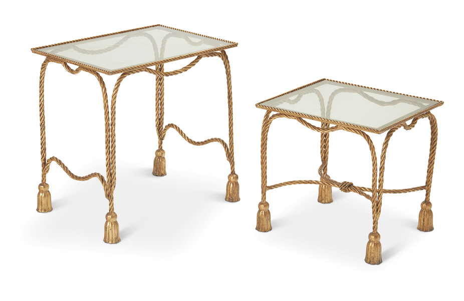 Two Hollywood Regency gilt bronze and glass nesting tables, $2,000. Image courtesy of John Moran Auctioneers