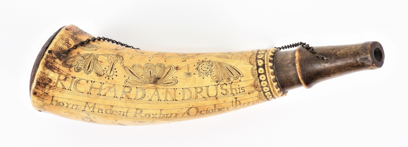Revolutionary War powder horn belonging to Richard Andrus, who marched with Captain Abel Pettibone’s 7th Company, 2nd Regiment, to the Siege of Boston in 1775, estimated at $4,000-$8,000