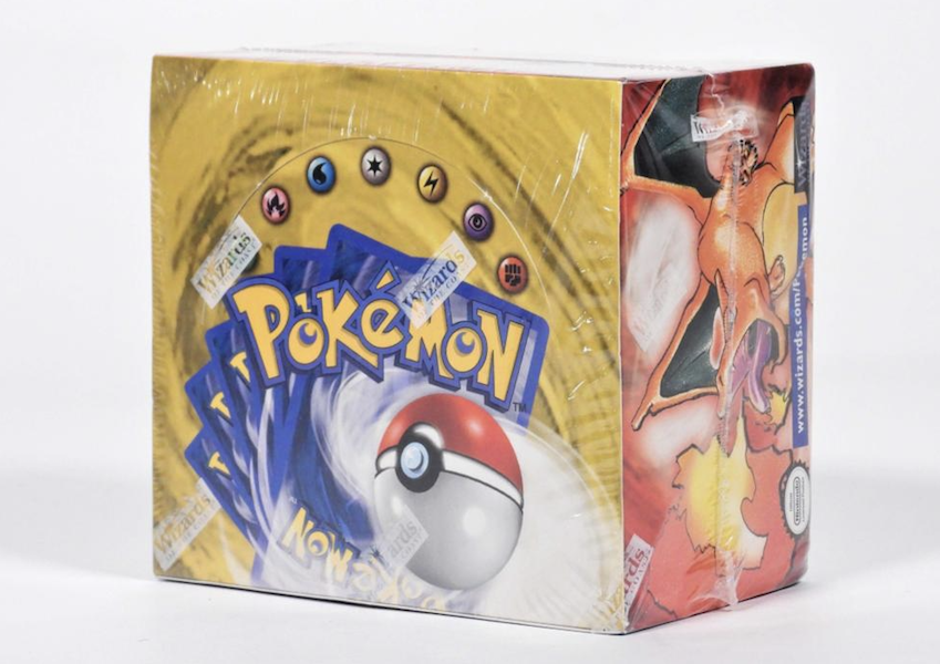 1999 Pokemon Wizards of the Coast Base Unlimited booster box, factory sealed with tight and intact cellophane wrap, showing Charizard box art, estimated at $8,000-$12,000