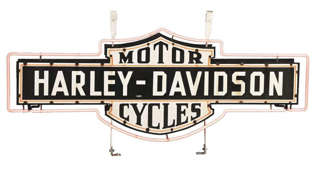 A circa-1930s Harley Davidson motorcycles bar and shield porcelain neon sign on its original can achieved $70,000 plus the buyer’s premium in March 2023. Image courtesy of Dan Morphy Auctions and LiveAuctioneers.