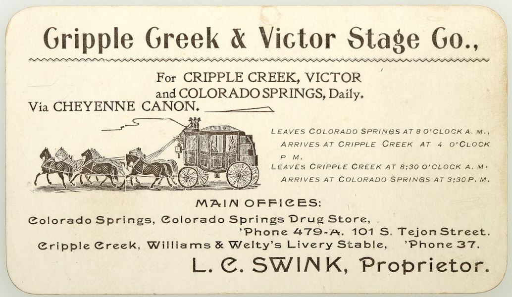 Pictorial business card for the Cripple Creek & Victor Stage Company in Colorado, with a vignette of a six-horse Concord stagecoach, appearing to date to 1898-1899, $2,500