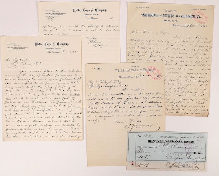 Group of letters related to a Wells, Fargo & Co. stage robbery of a gold strong box, investigated by J. B. Hume, the detective who captured the poet robber Black Bart, $3,875 
