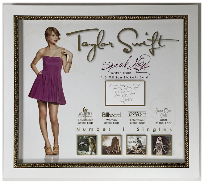 A 2011 label industry achievement award highlighting Taylor Swift’s Speak Now tour and her accomplishments that year realized $950 plus the buyer’s premium in June 2021. Image courtesy of MusicGoldmine.com and LiveAuctioneers.
