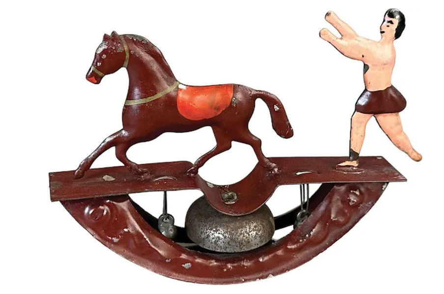 A Fallows bell toy of a circus rider with a horse sold for $6,000 plus the buyer’s premium in March 2023. Image courtesy of Bertoia Auctions and LiveAuctioneers.