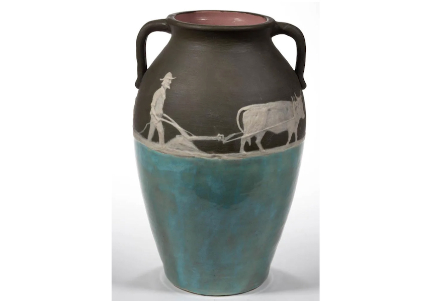 A Pisgah Forest cameo vase with farming and country scenes went for $1,700 plus the buyer’s premium in April 2020. Image courtesy of Jeffrey S. Evans & Associates and LiveAuctioneers.