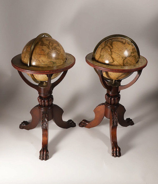 Early 19th-century set of nine-inch globes by American manufacturer James Wilson & Co., estimated at $30,000-$35,000. Image courtesy of Rafael Osona Auctions