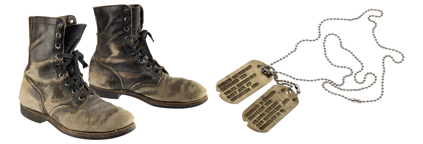 The combat boots and dog tags Alan Alda wore when portraying Hawkeye Pierce on the legendary war sitcom ‘M-A-S-H’ will be auctioned July 28 to raise money for Alan Alda Center for Communicating Science at Stony Brook University in New York. Images courtesy of Heritage Auctions