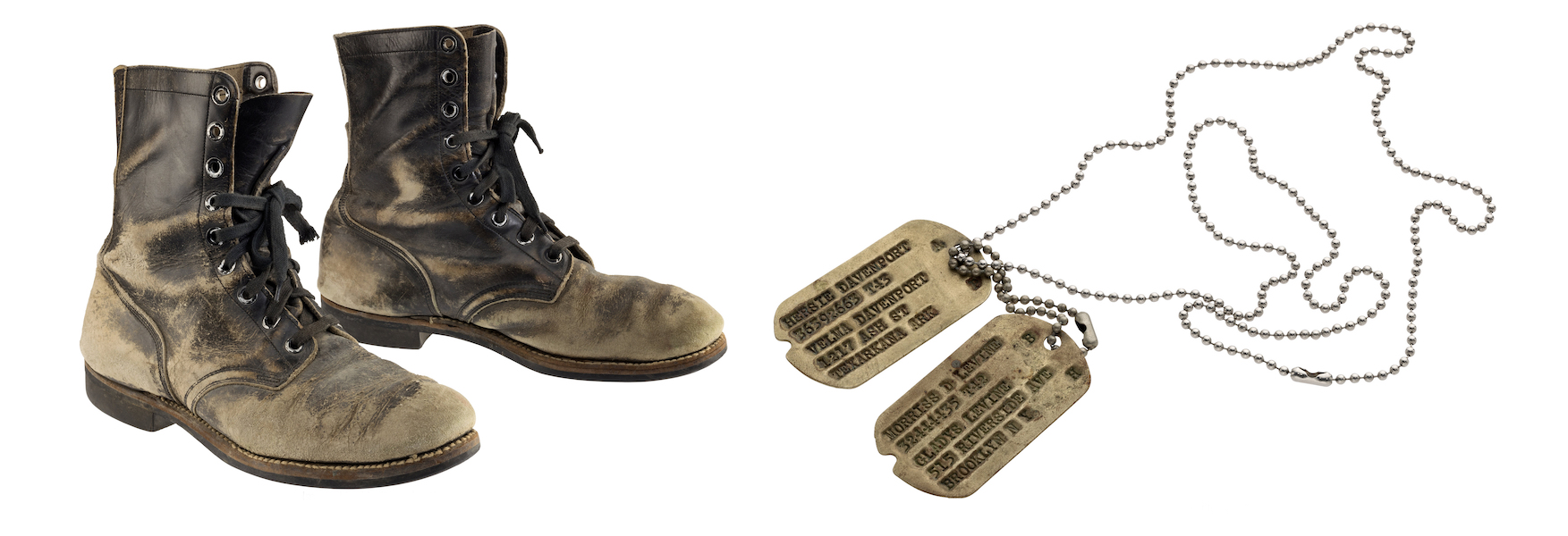 The combat boots and dog tags Alan Alda wore while playing Hawkeye Pierce during the 11-season run of the television show ‘MASH’ sold for $125,000 on July 28. Images courtesy of Heritage Auctions