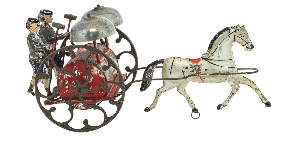An unusual mid-1870s tin bell toy with figures striking bells brought $7,000 plus the buyer’s premium in August 2021. Image courtesy of the RSL Auction Company and LiveAuctioneers.