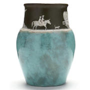 A Westward Ho scene is painted on this Pisgah Forest cameo vase, which sports a color scheme of matte blue-green with chocolate brown. The vase earned $1,000 plus the buyer’s premium in August 2021. Image courtesy of Leland Little and LiveAuctioneers.