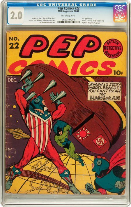 Copies of Pep #22, the issue in which Archie made his comic-book debut, are scarce. The LiveAuctioneers database reflects two, offered separately at Heritage Auctions in May and July 2012, respectively. Shown here is the copy from May 2012, which realized $30,000 plus the buyer’s premium. Image courtesy of Heritage Auctions and LiveAuctioneers.