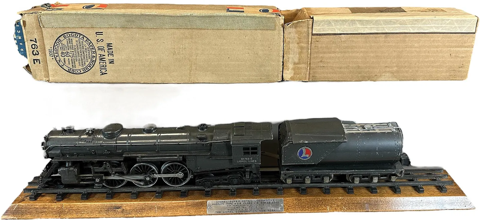 Boxed Lionel 763E Hudson with display board, estimated at $1,000-$1,500, sold for $2,750.
