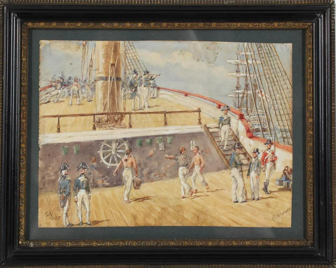 English watercolor of the deck of a Royal Navy ship, dated 1805, sold for $16K at Sarasota Estate Auction