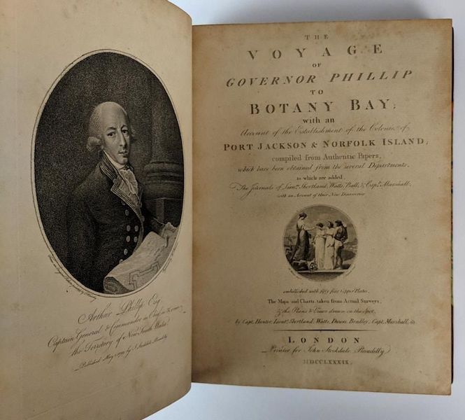 The title pages from ‘The Voyage of Governor Phillip to Botany Bay’ by John Stockdale, 1789, estimated at Aus$38,000-$48,000 ($24,900-$31,450). Image courtesy of The Book Merchant Jenkins and LiveAuctioneers
