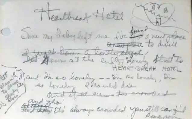 Original hand-written lyrics to the Elvis Presley classic "Heartbreak Hotel," signed by lyricists, estimated at $200,000-$220,000.