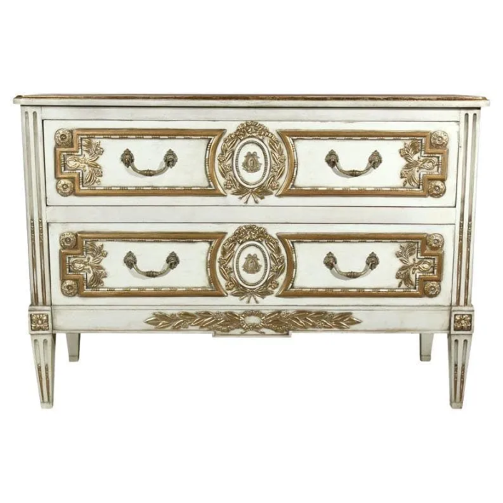 French Louis XVI-style painted commode, stamped 'Jansen,' estimated at $9,000-$11,000.
