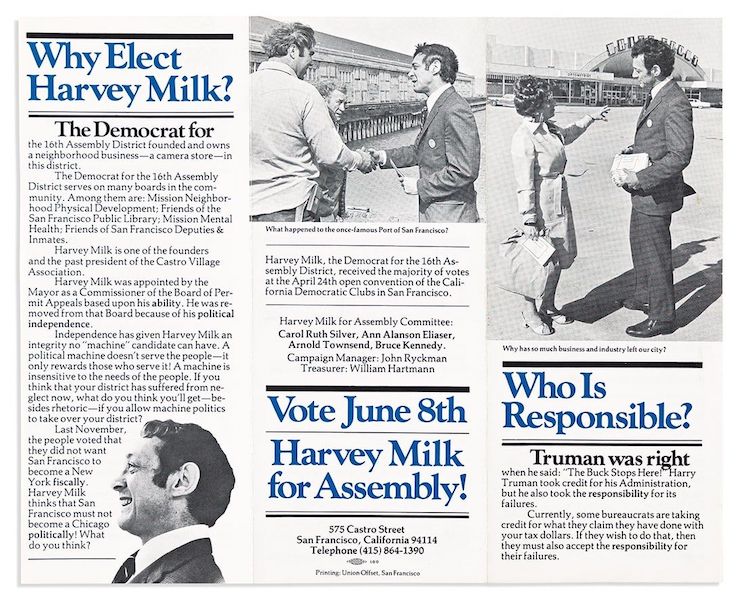 1976 flyer for Harvey Milk’s sole campaign for state office, estimated at $400-$600. Image courtesy of Swann Auction Galleries and LiveAuctioneers