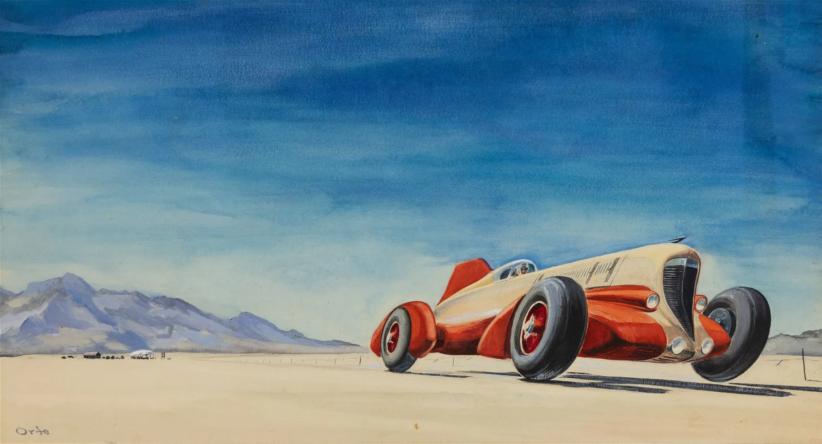 John Orfe watercolor of a racer at the Bonneville Salt Flats c.1939, estimated at $300-$500 at Jeffrey S. Evans.